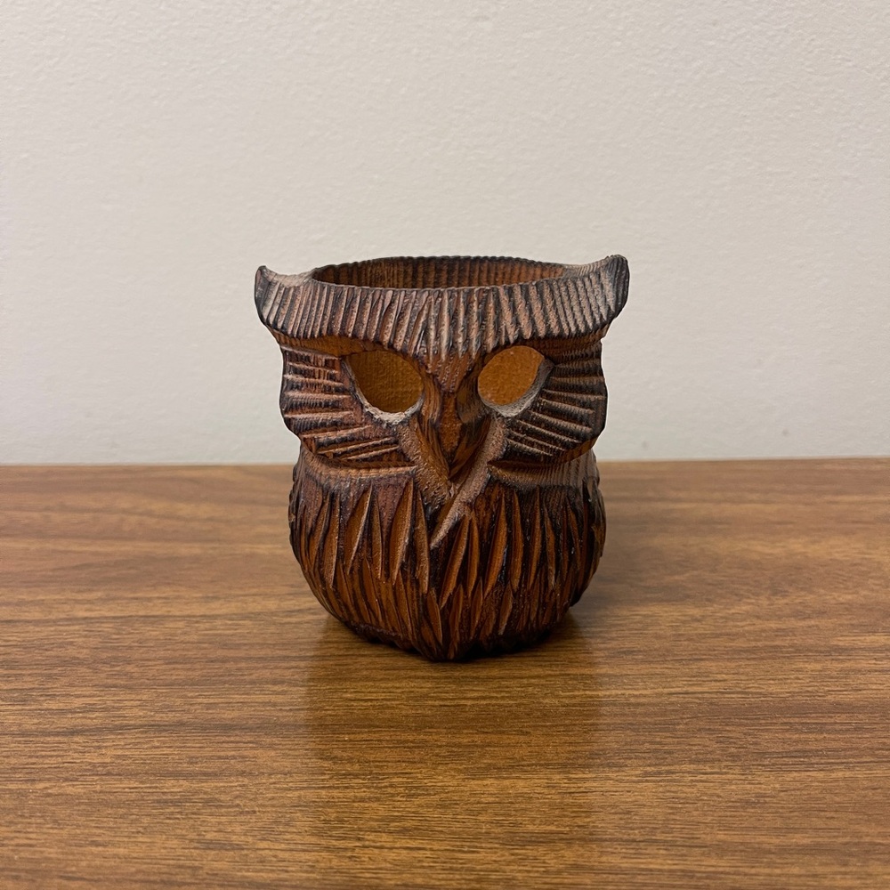 Vintage 1970’s MCM Hand-Carved Wooden Owl Candle Holder